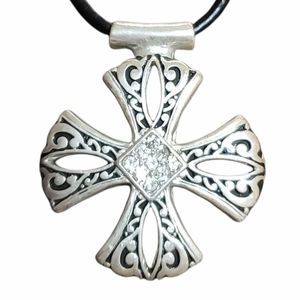 Big Chunky 2" Silver Tone Maltese Cross with Crystal Center 16" Necklace
